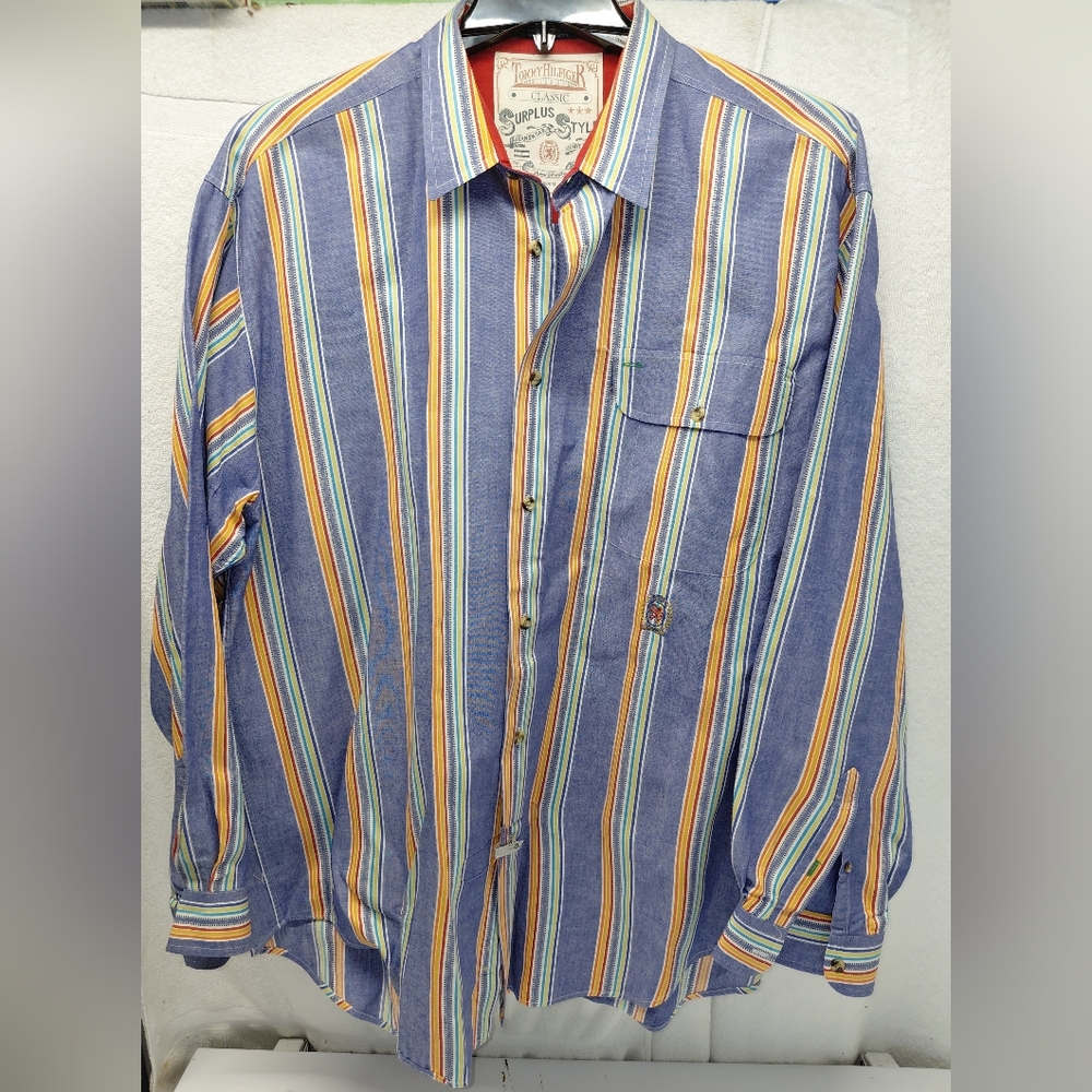Tommy Hilfiger Surplus Style Men's Size XL Multicolor Striped Denim Shirt Crest
